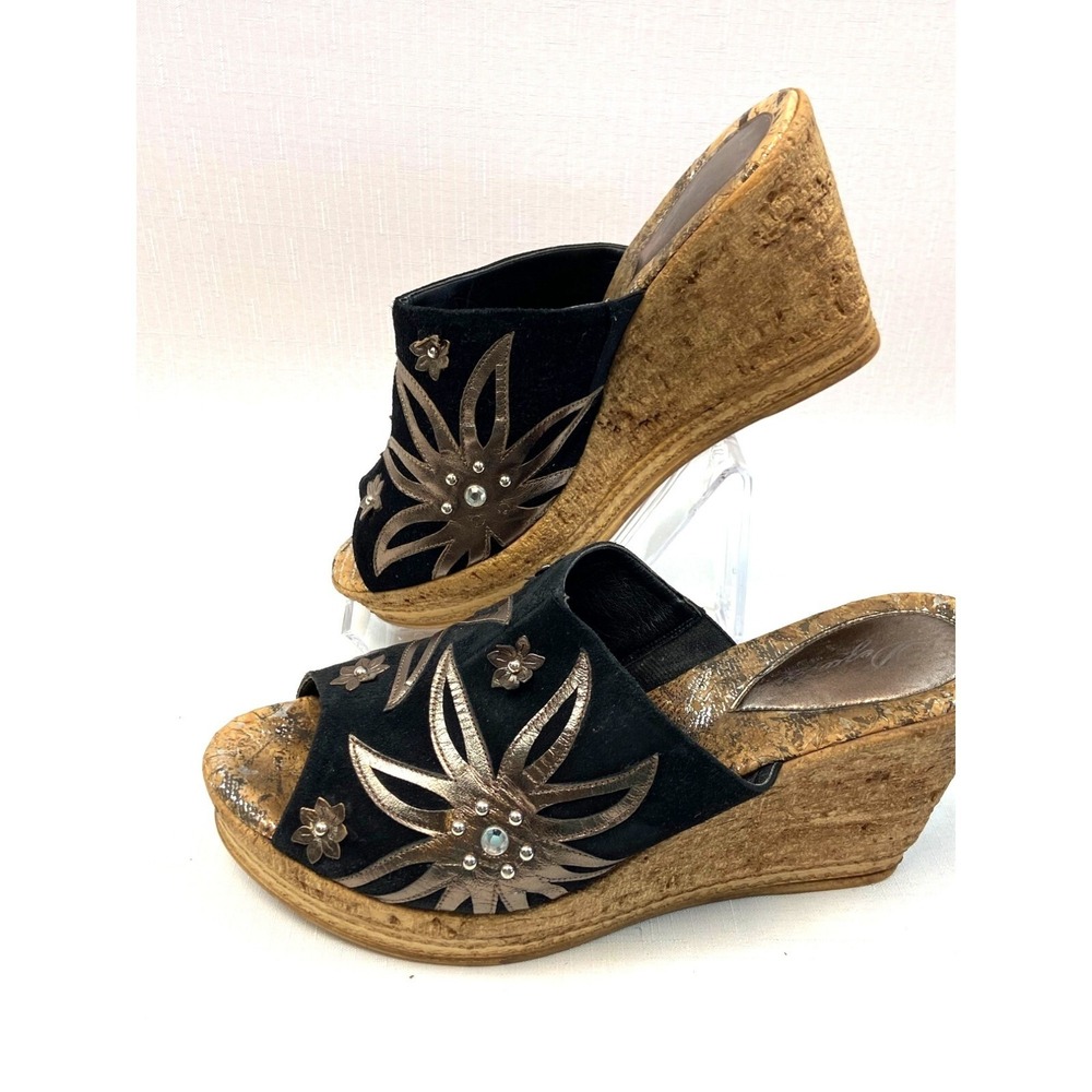 Dezario Womens Wedge Sandals 39 Black Cork Floral‎ Embroidered Rhinestone